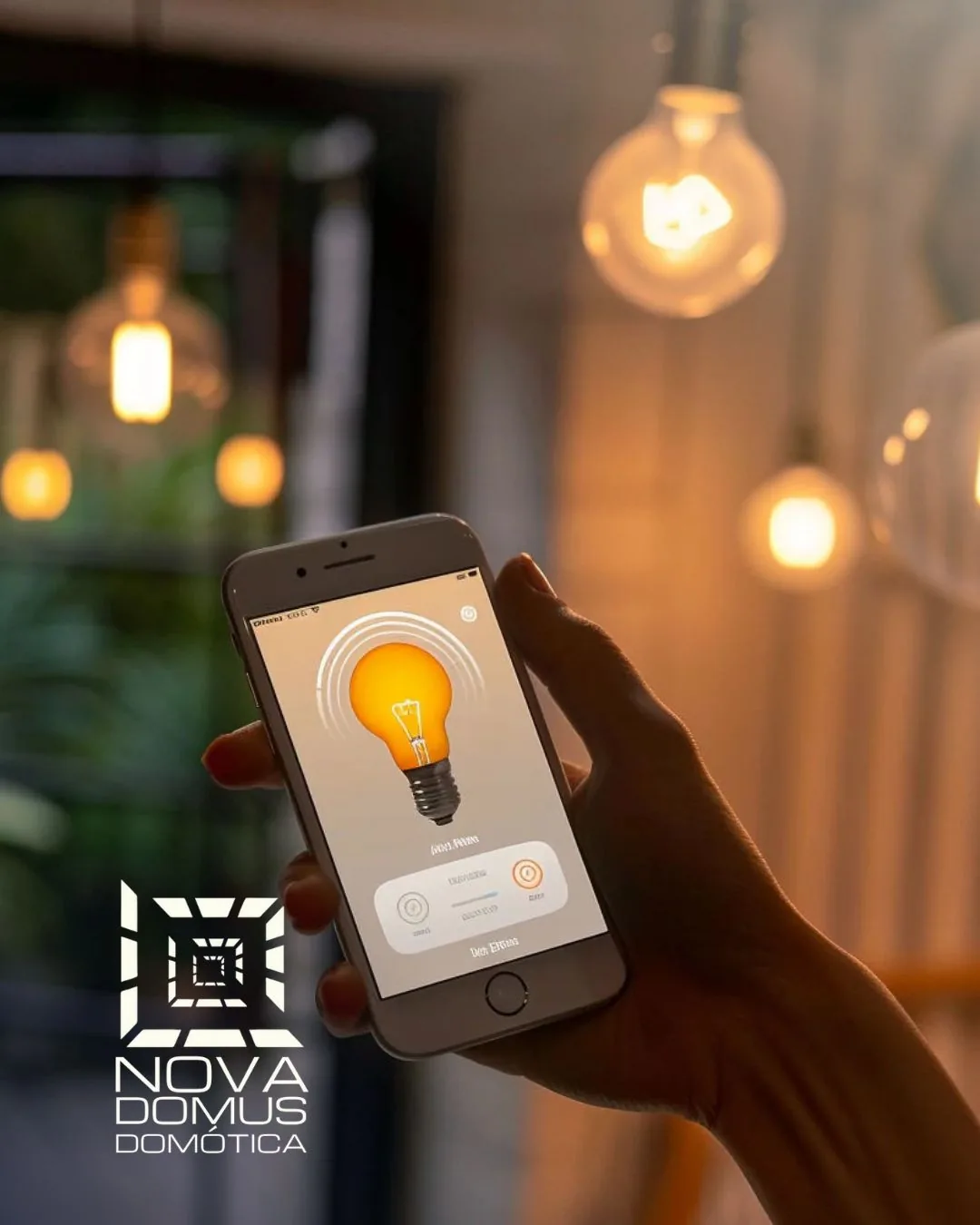 Mano sosteniendo un celular que controla la intensidad de una lámpara colgante, con más luces cálidas de fondo